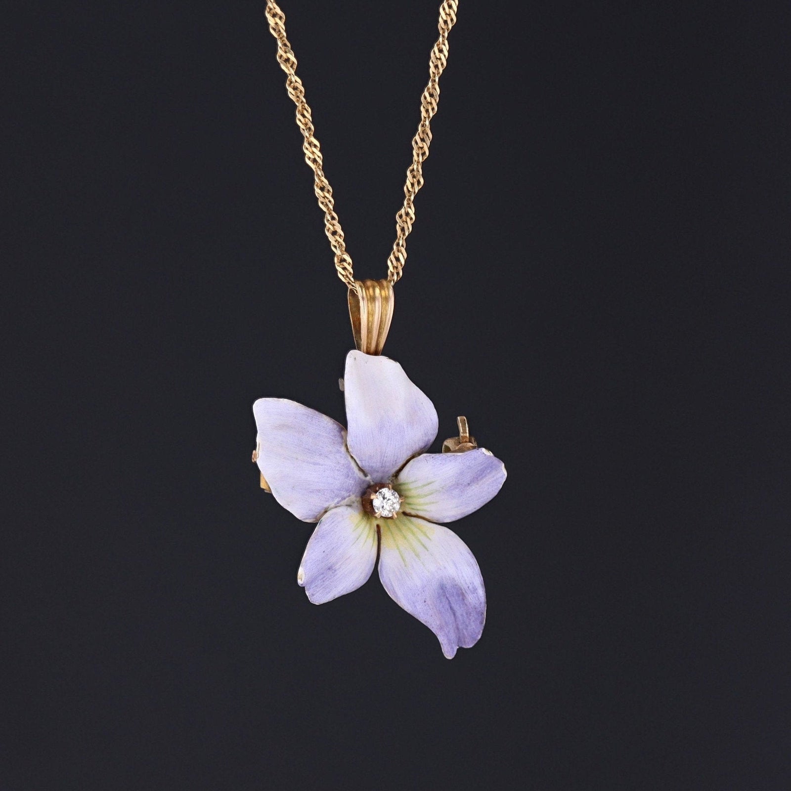 Enamel Violet Pendant or Brooch | Antique Enamel Violet with Diamond - Trademark Antiques