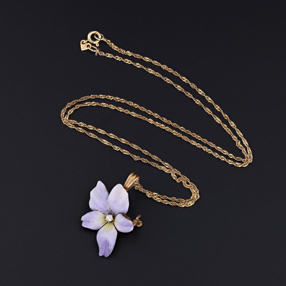 Enamel Violet Pendant or Brooch | Antique Enamel Violet with Diamond - Trademark Antiques