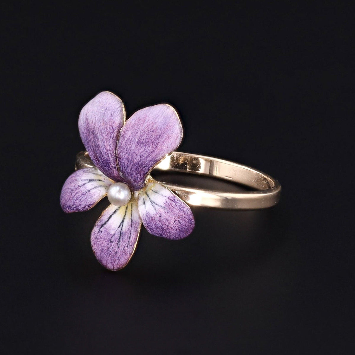 Enamel Violet Ring | 14k Gold Flower Ring - Trademark Antiques