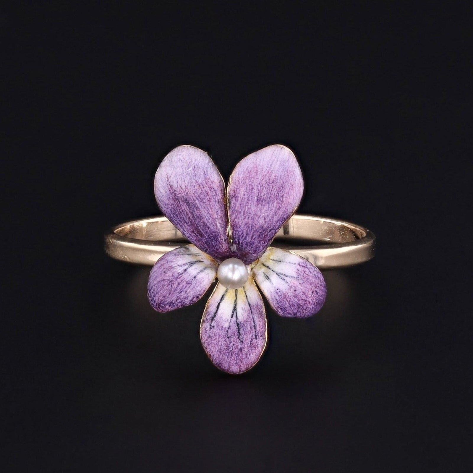 Enamel Violet Ring | 14k Gold Flower Ring - Trademark Antiques