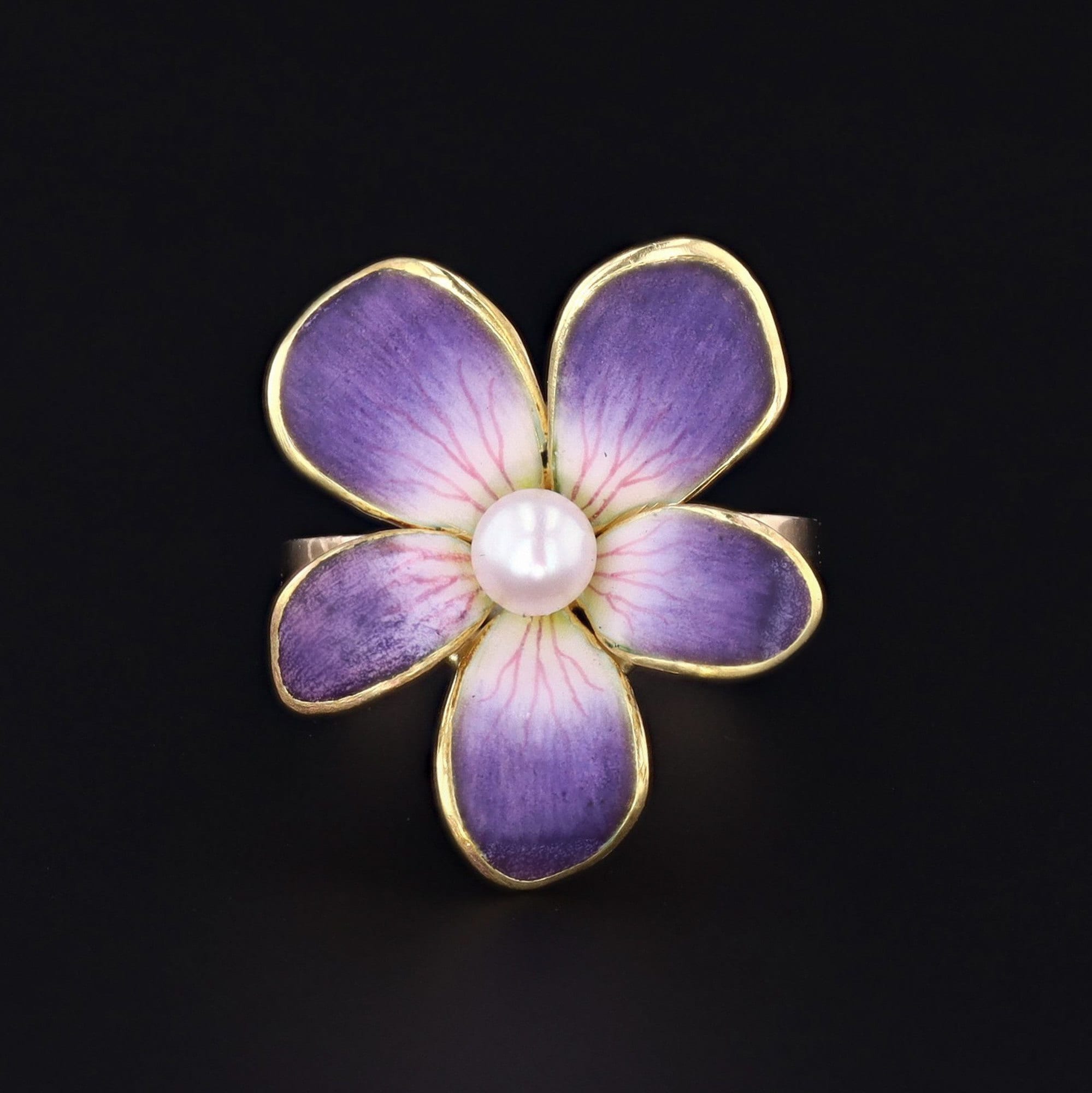Enamel Violet Ring | 14k Gold Flower Ring - Trademark Antiques