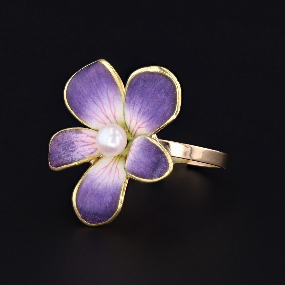 Enamel Violet Ring | 14k Gold Flower Ring - Trademark Antiques