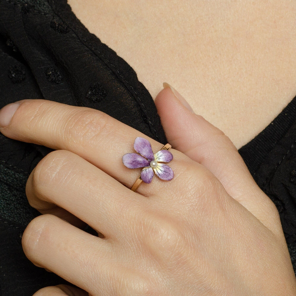 Enamel Violet Ring | 14k Gold Flower Ring - Trademark Antiques