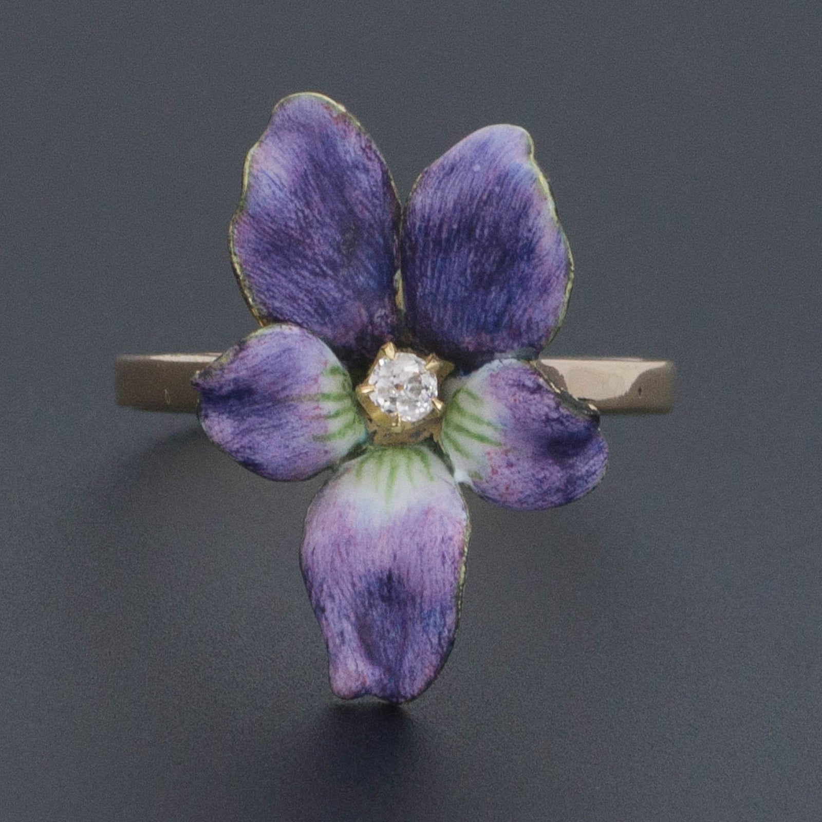 Enamel Violet Ring | 14k Gold Flower Ring - Trademark Antiques