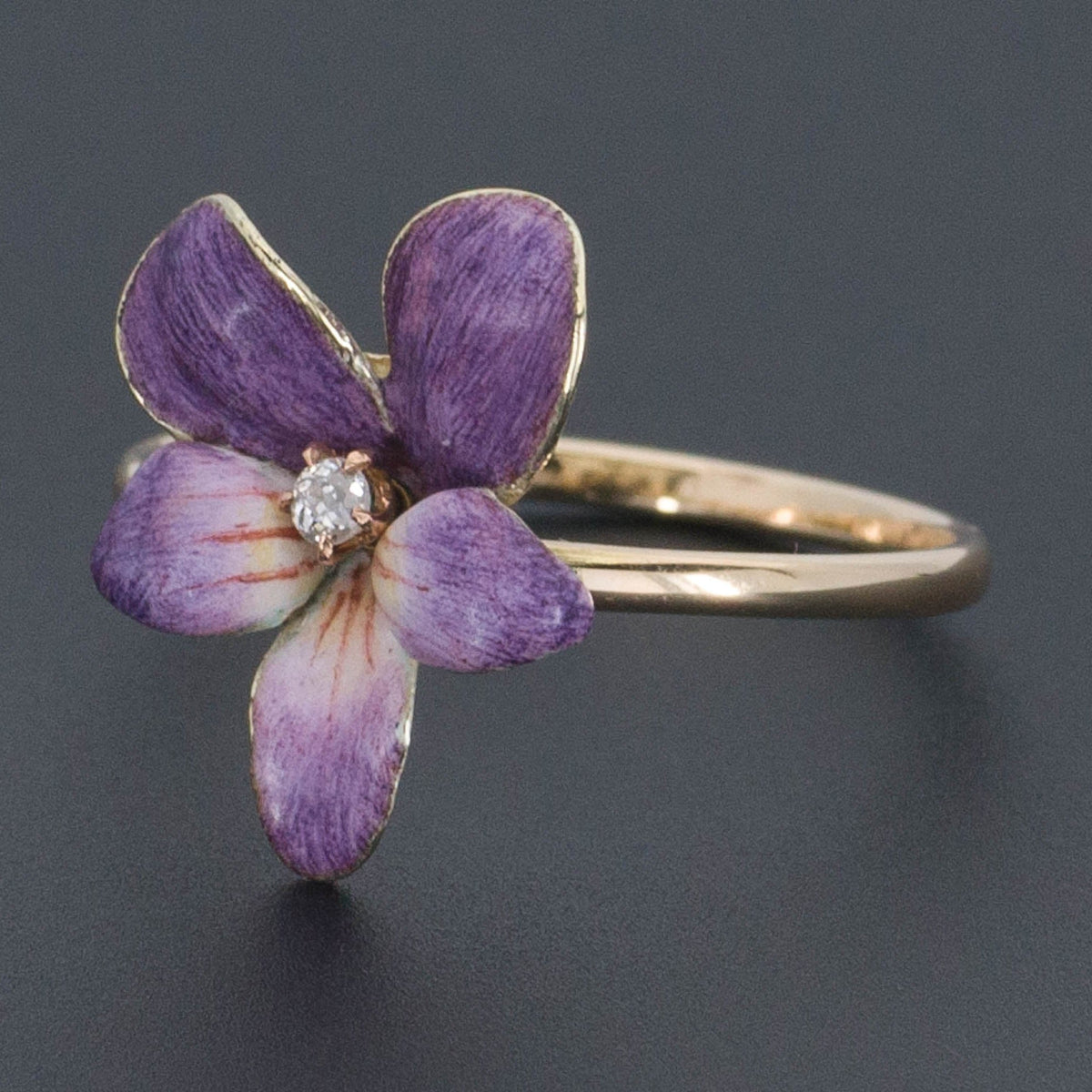 Enamel Violet Ring | 14k Gold Flower Ring - Trademark Antiques