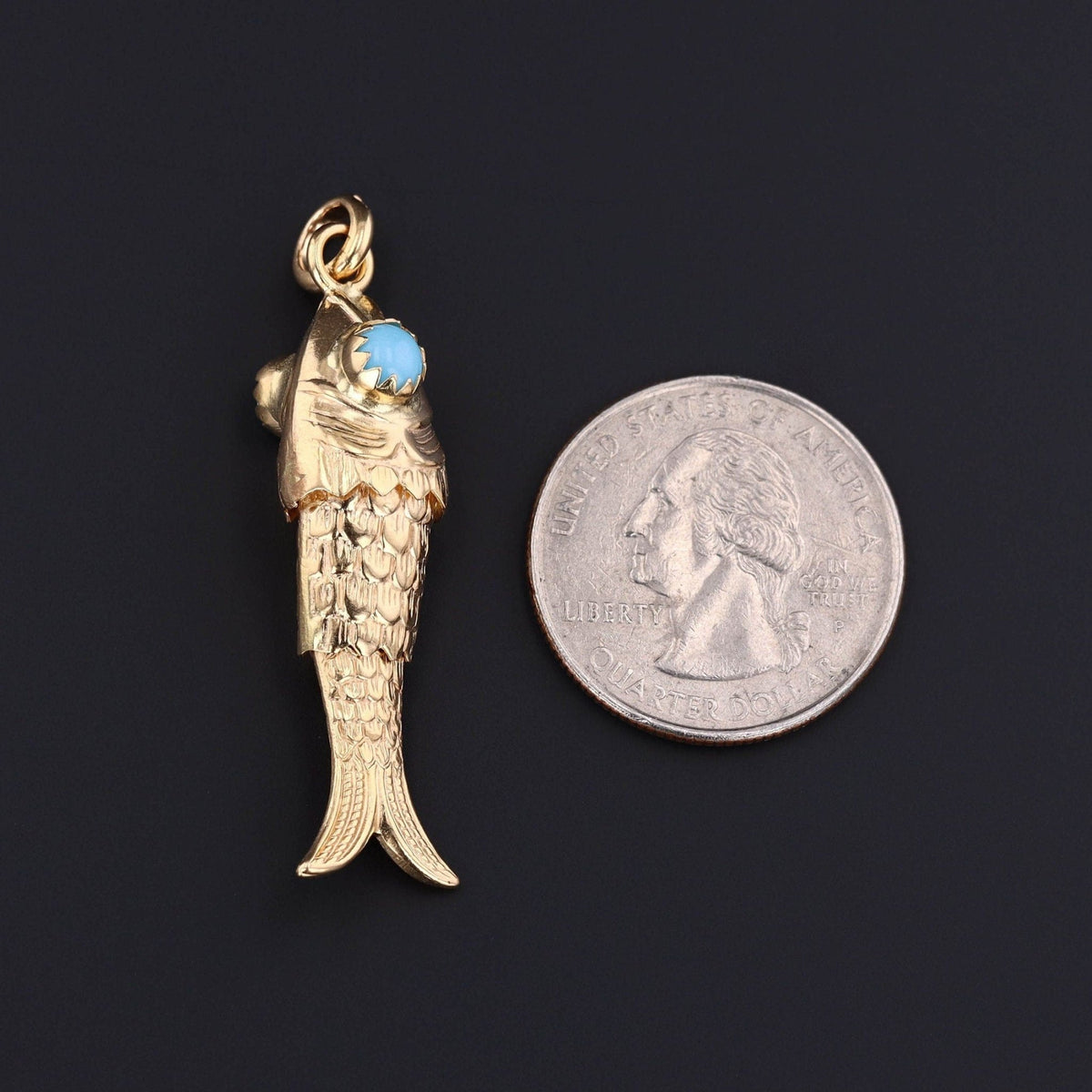 Fish Pendant | 14k Gold &amp; Blue Glass Pendant - Trademark Antiques