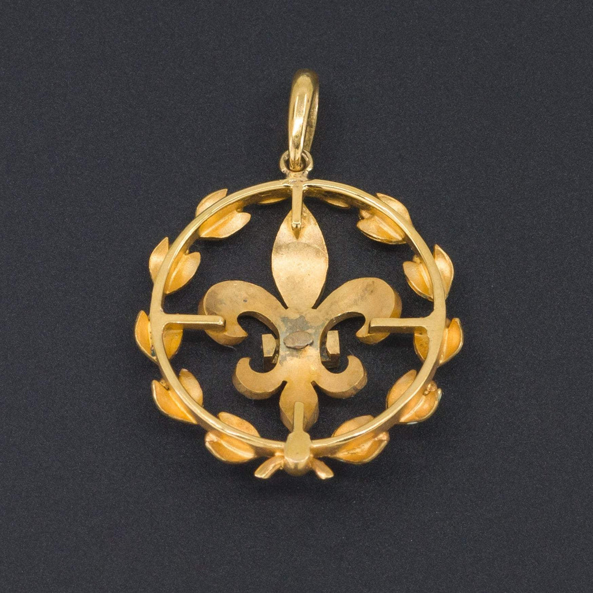 Fleur de Lis Pendant | 14k Gold Enamel &amp; Pearl Pendant - Trademark Antiques