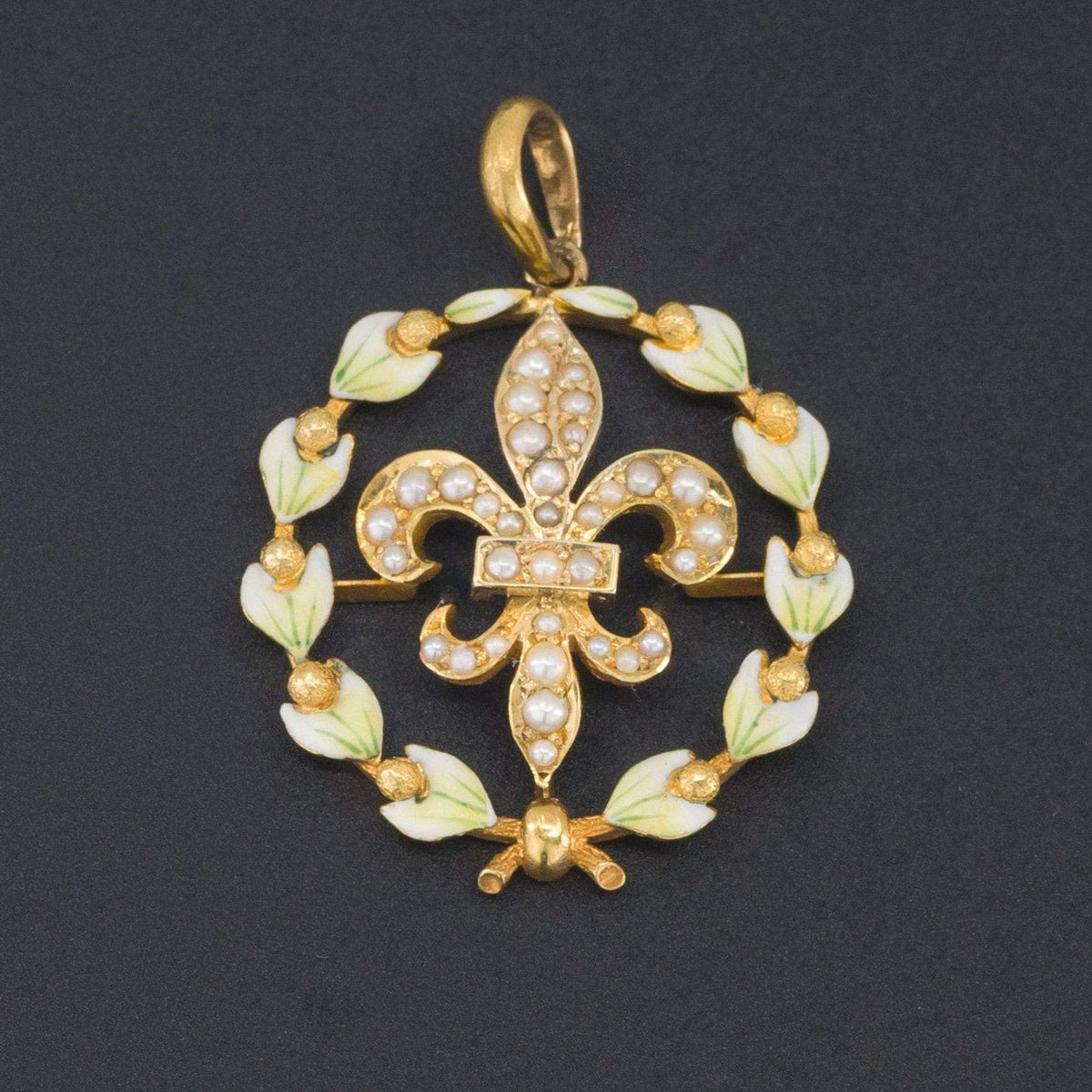 Fleur de Lis Pendant | 14k Gold Enamel &amp; Pearl Pendant - Trademark Antiques