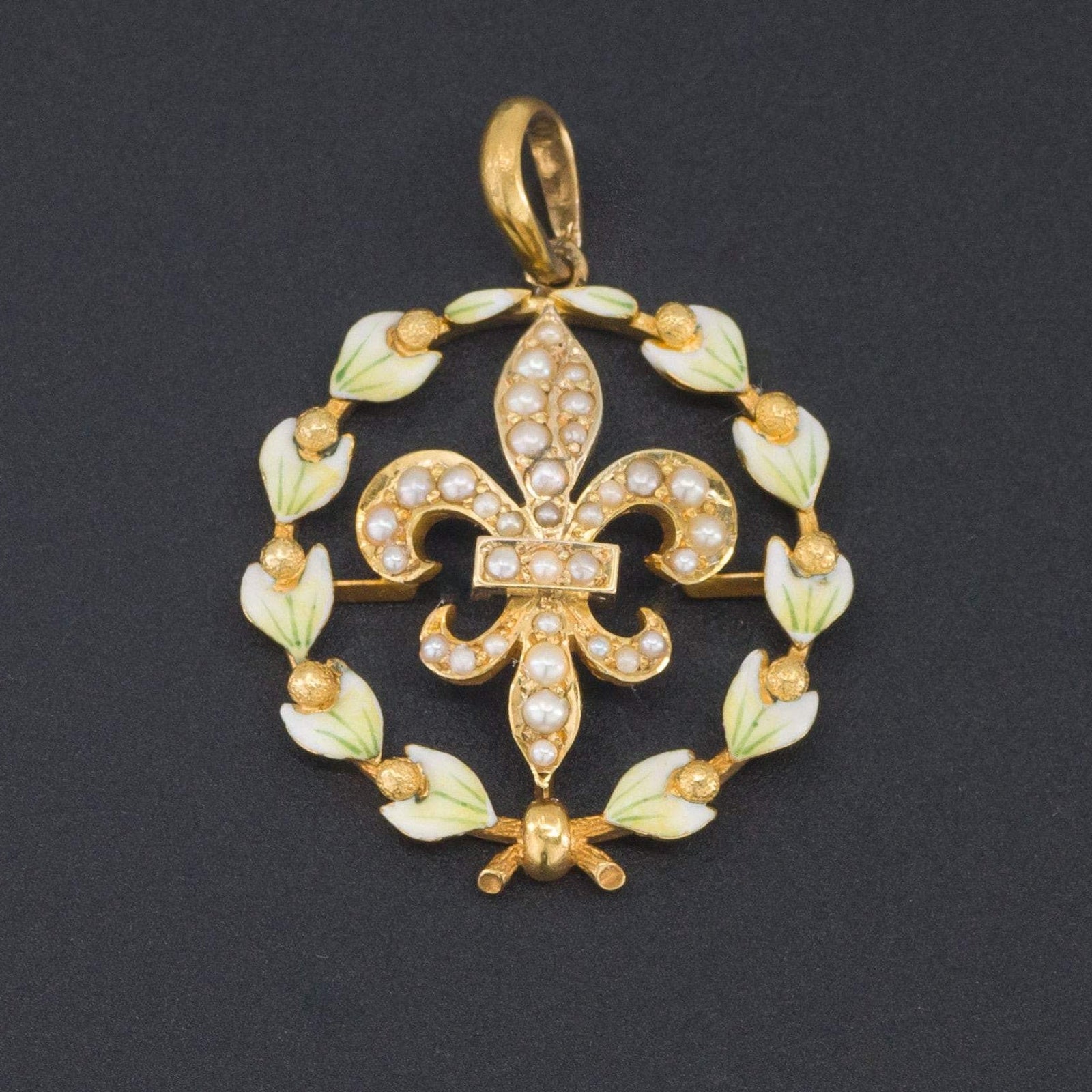 Fleur de Lis Pendant | 14k Gold Enamel & Pearl Pendant - Trademark Antiques