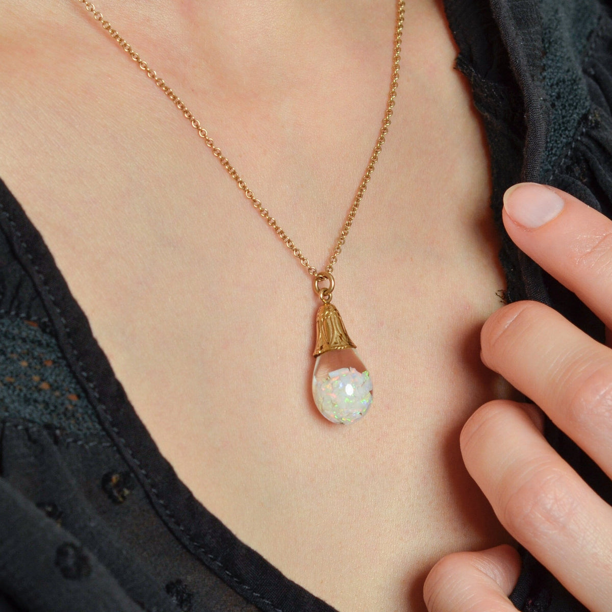 Floating Opal Charm | 14k Gold Charm on Optional 14k Gold Chain - Trademark Antiques