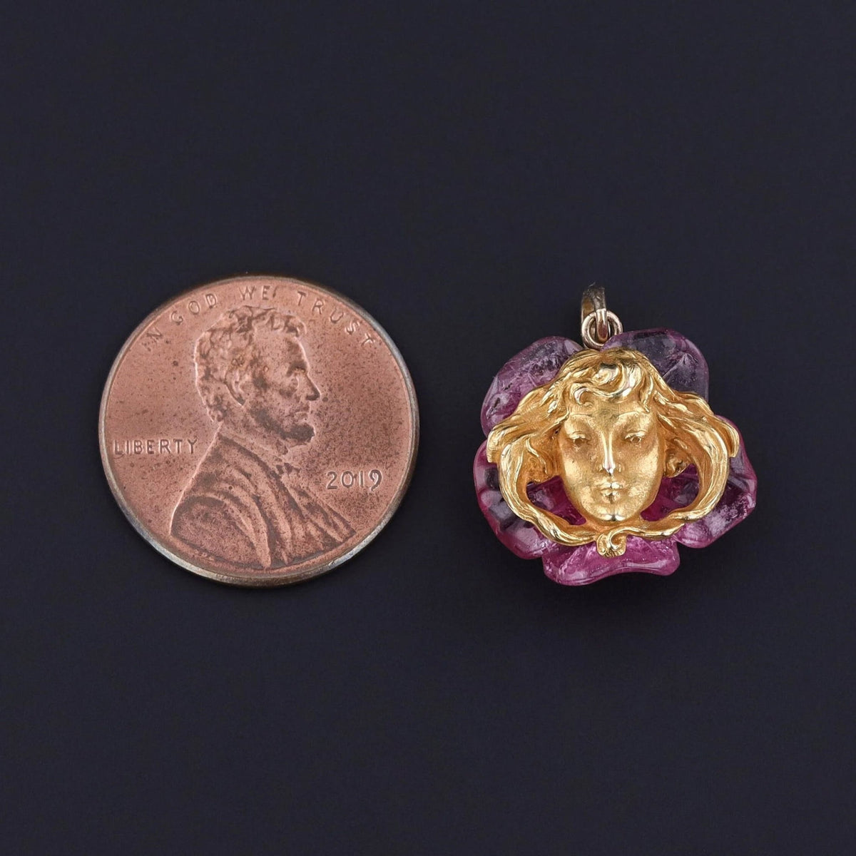 Floral Woman Pendant of Pink Tourmaline and 14k Gold - Trademark Antiques