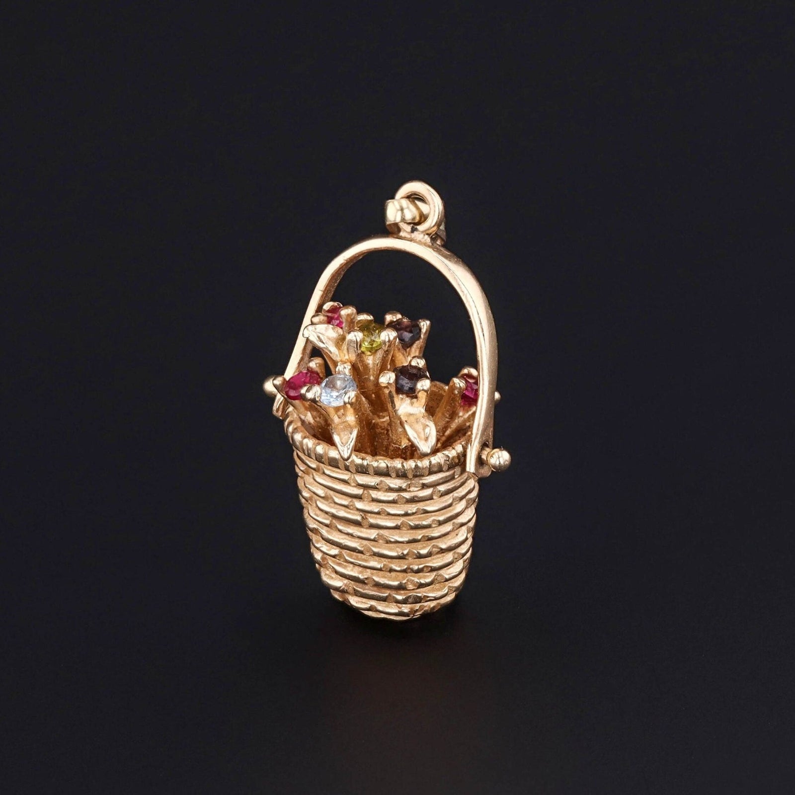 Flower Basket Pendant | 14k Gold & Gemstone Charm - Trademark Antiques