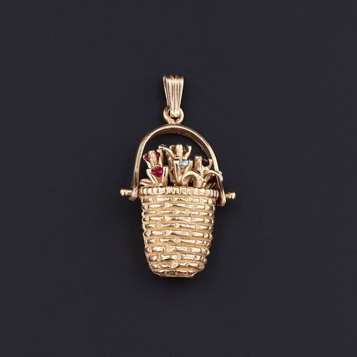 Flower Basket Pendant | 14k Gold &amp; Gemstone Charm - Trademark Antiques
