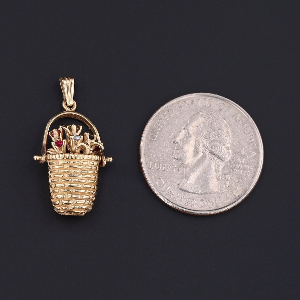 Flower Basket Pendant | 14k Gold &amp; Gemstone Charm - Trademark Antiques
