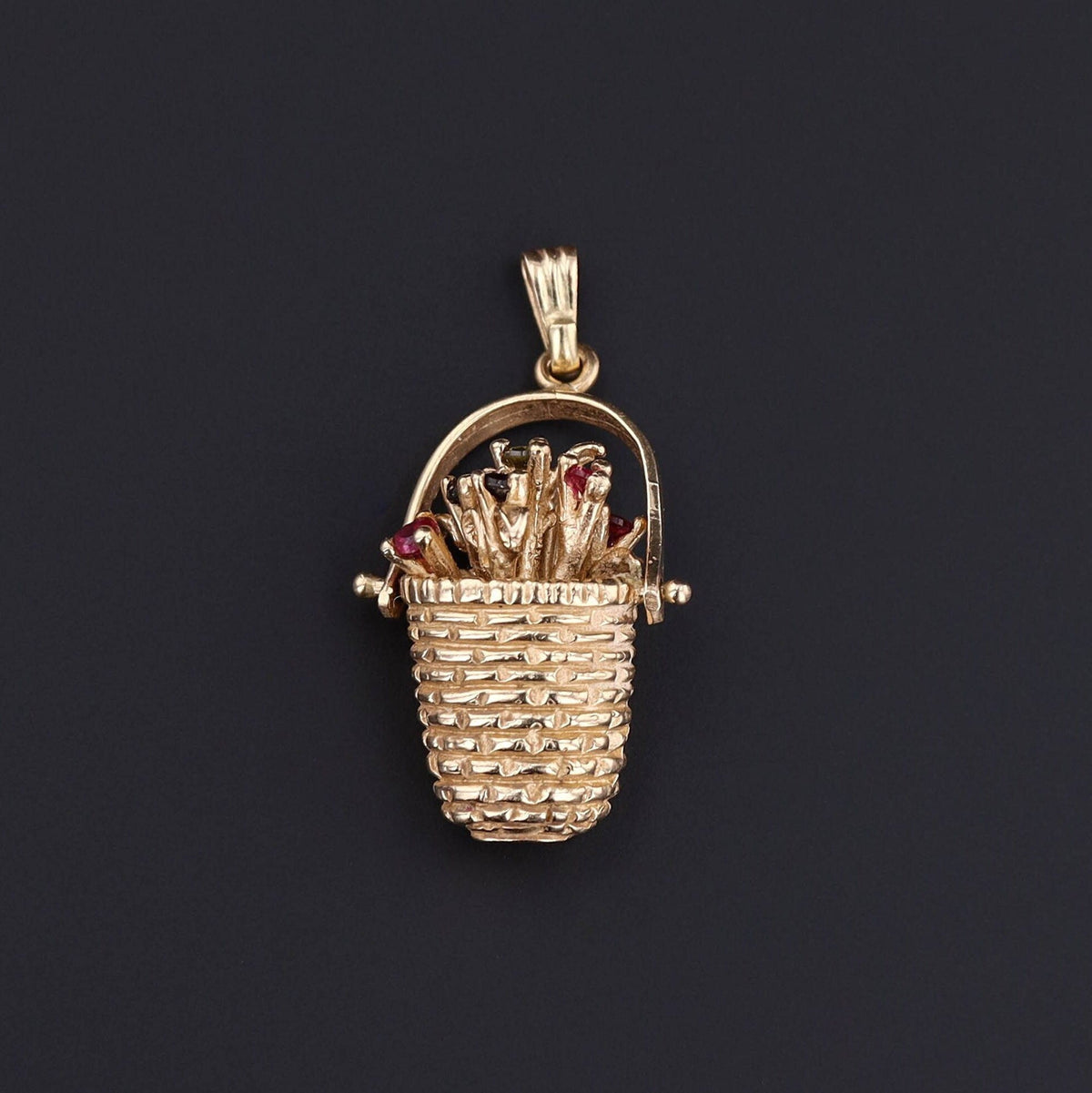 Flower Basket Pendant | 14k Gold &amp; Gemstone Charm - Trademark Antiques