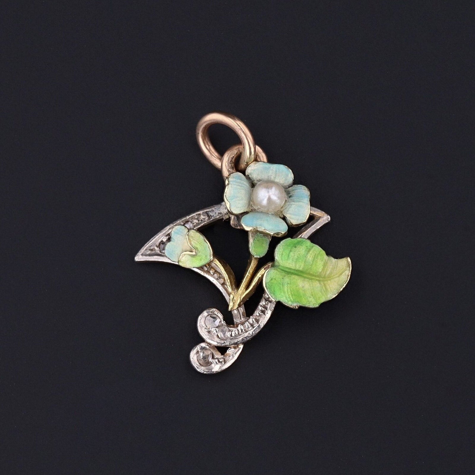 Flower Charm | 14k Gold Enamel & Diamond Charm - Trademark Antiques