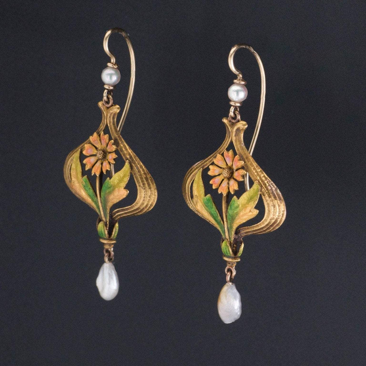 Flower earrings | 10k Gold Enamel &amp; Pearl Flower Earrings - Trademark Antiques