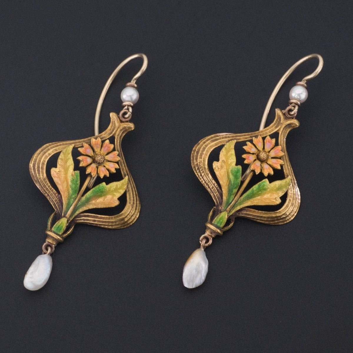 Flower earrings | 10k Gold Enamel &amp; Pearl Flower Earrings - Trademark Antiques
