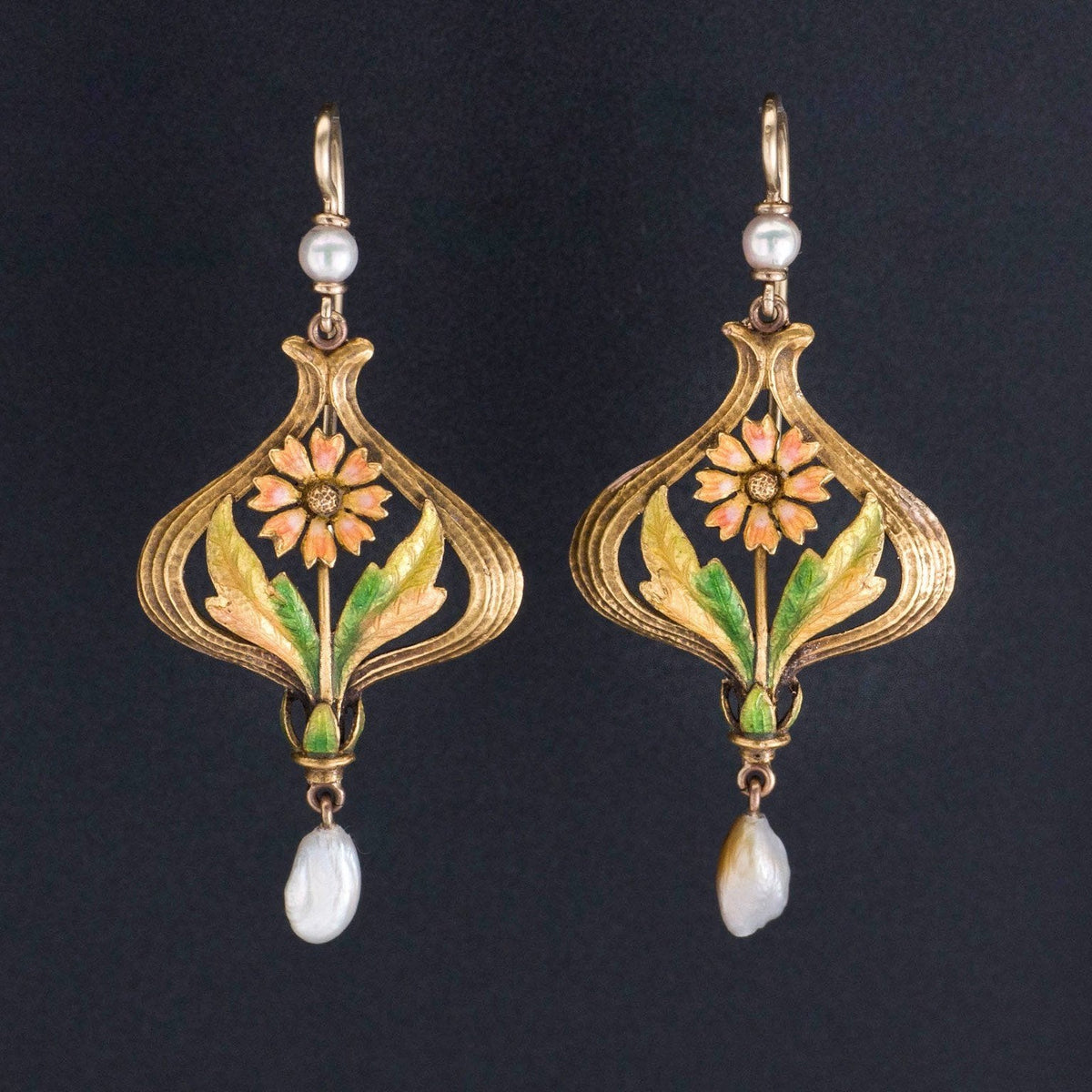 Flower earrings | 10k Gold Enamel &amp; Pearl Flower Earrings - Trademark Antiques