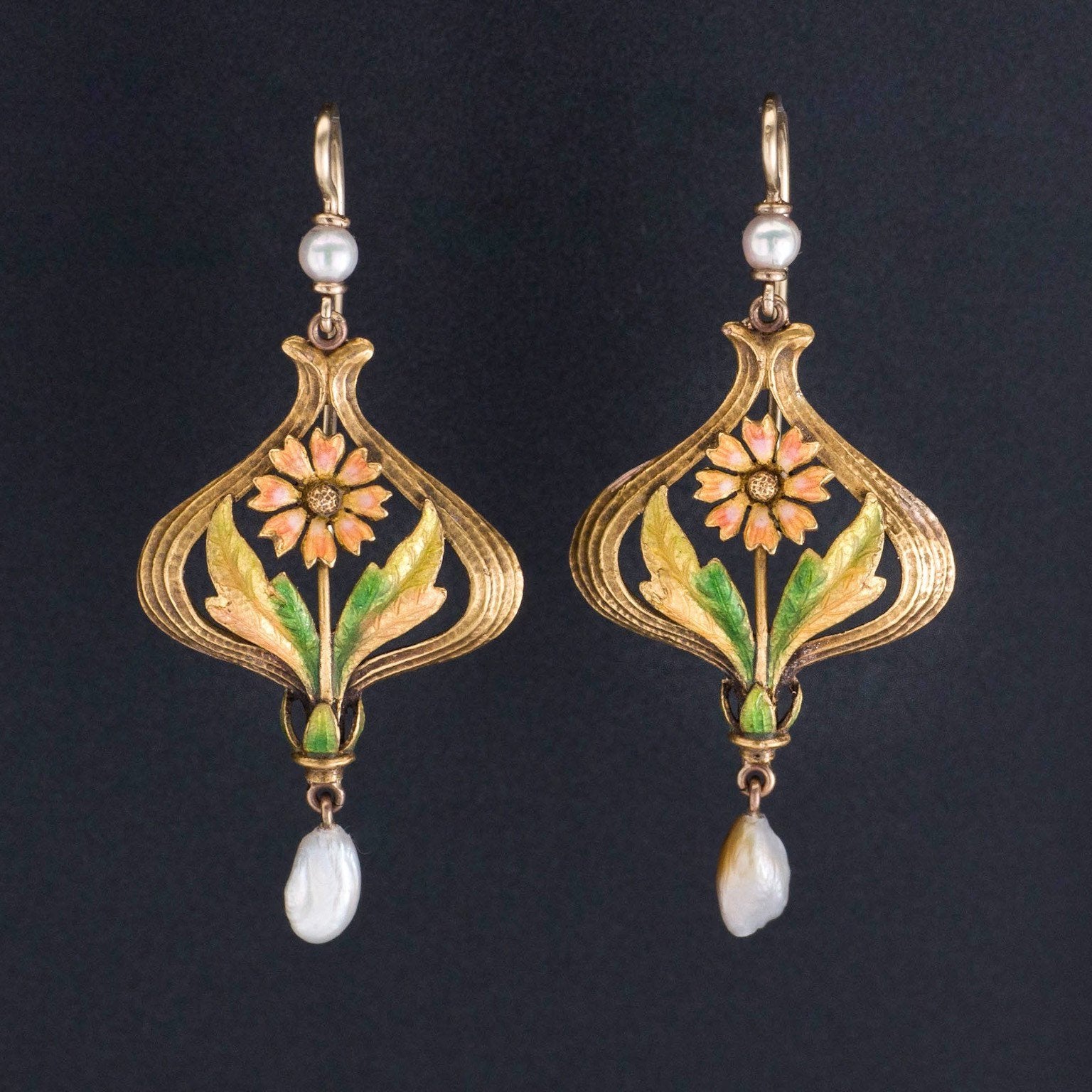 Flower earrings | 10k Gold Enamel & Pearl Flower Earrings - Trademark Antiques
