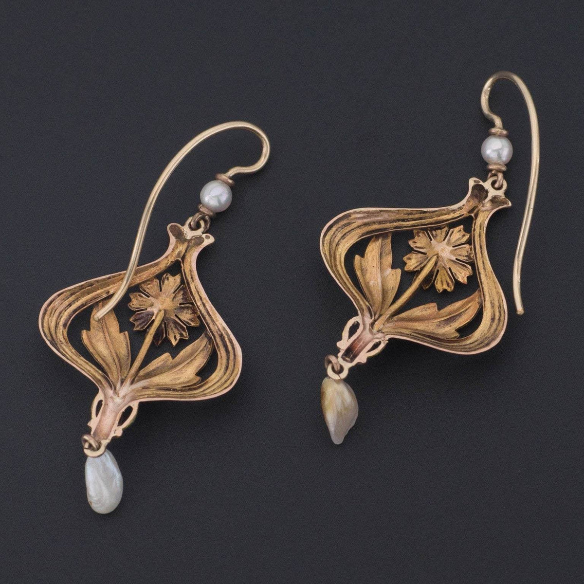 Flower earrings | 10k Gold Enamel &amp; Pearl Flower Earrings - Trademark Antiques