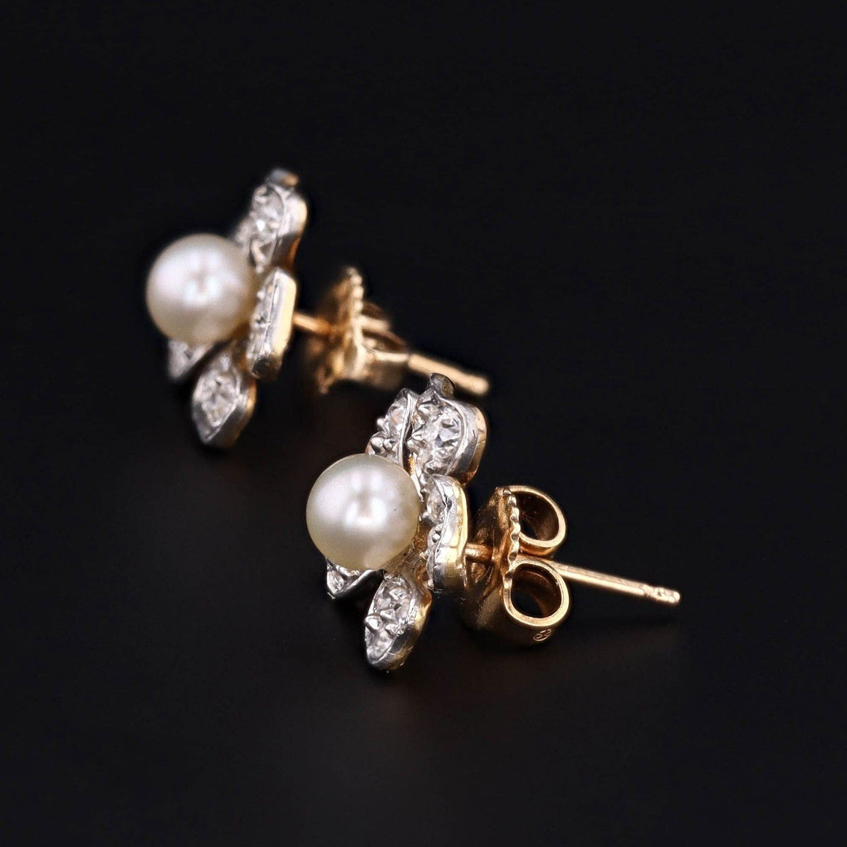 Flower Earrings | 14k Gold, Platinum, Diamond &amp; Pearl Earrings - Trademark Antiques