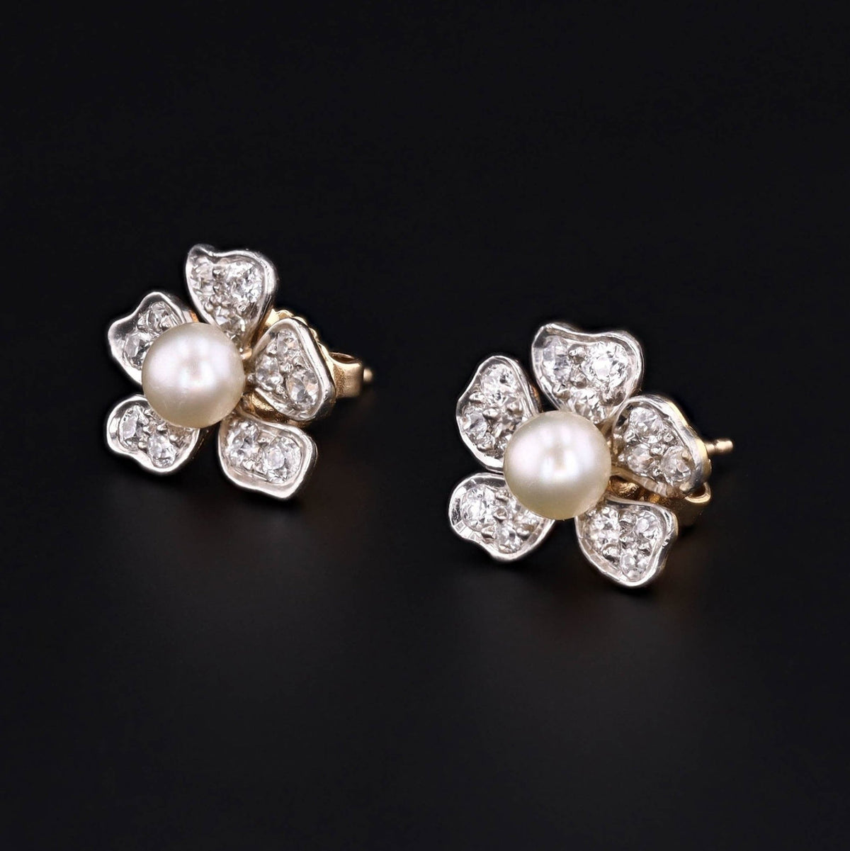 Flower Earrings | 14k Gold, Platinum, Diamond &amp; Pearl Earrings - Trademark Antiques