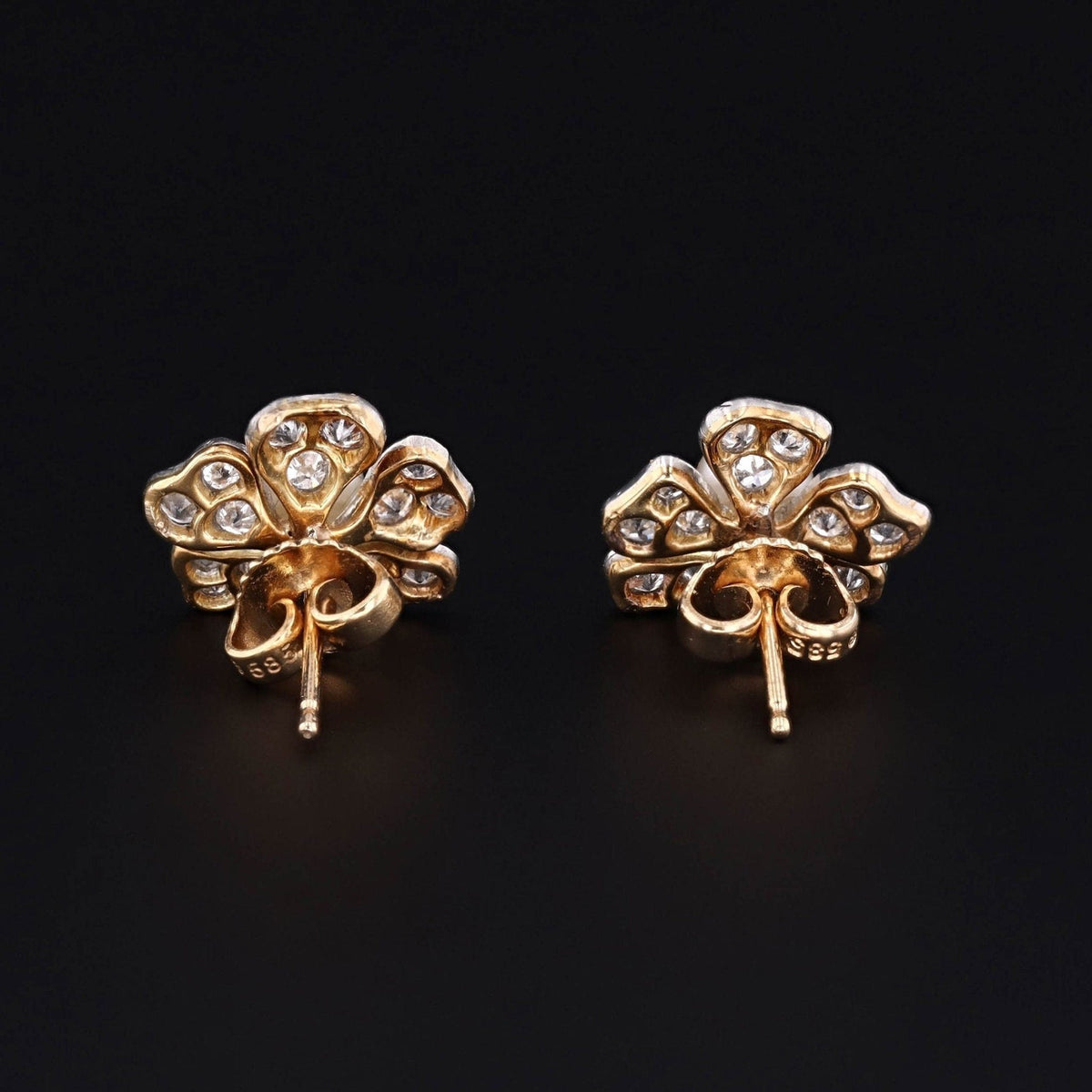 Flower Earrings | 14k Gold, Platinum, Diamond &amp; Pearl Earrings - Trademark Antiques