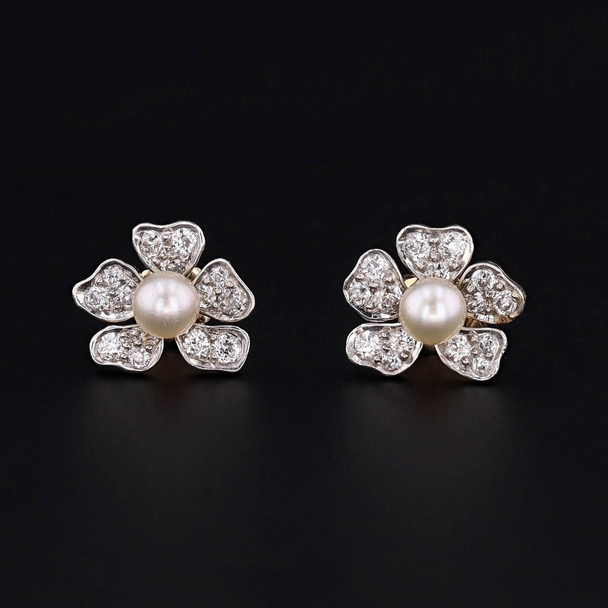 Flower Earrings | 14k Gold, Platinum, Diamond &amp; Pearl Earrings - Trademark Antiques