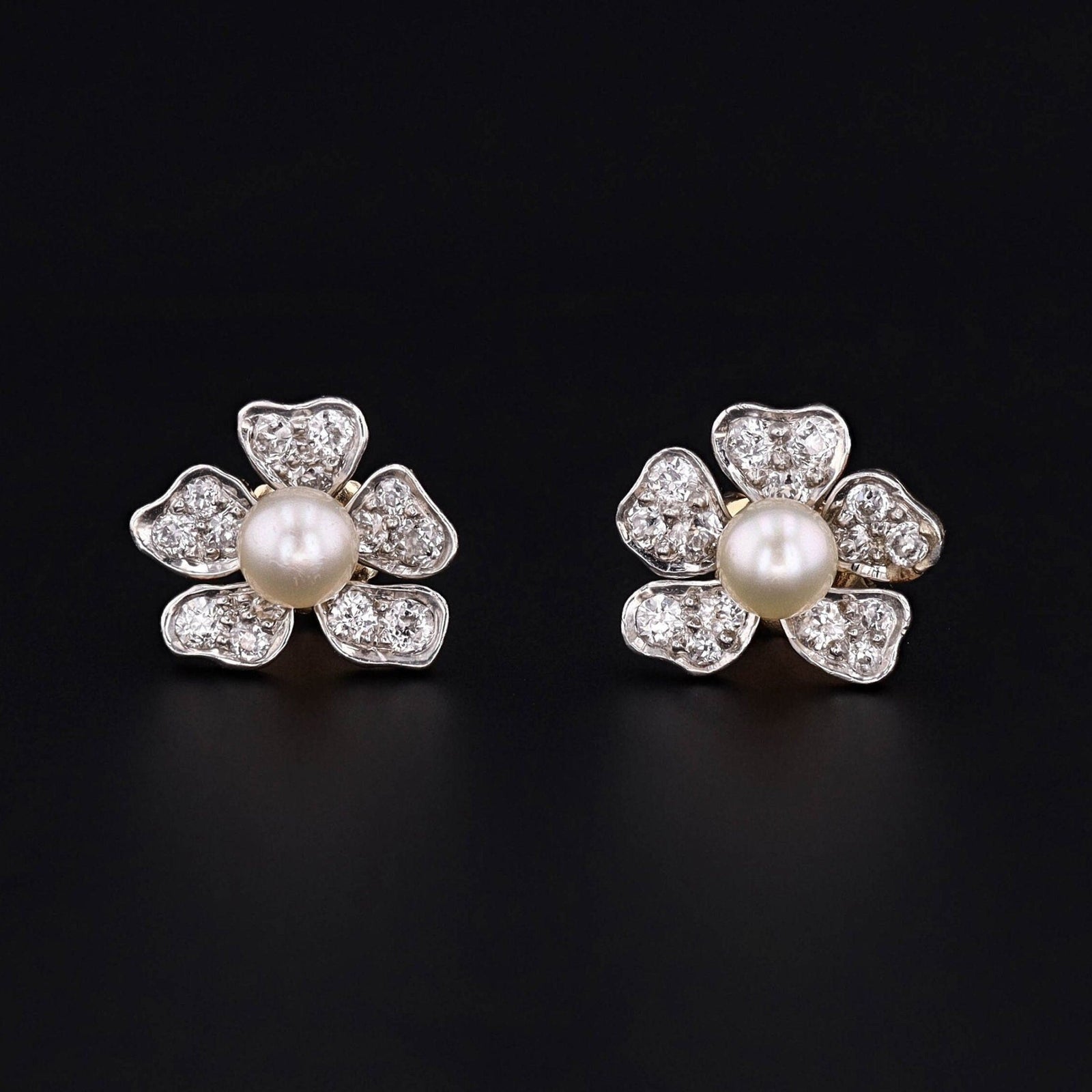 Flower Earrings | 14k Gold, Platinum, Diamond & Pearl Earrings - Trademark Antiques