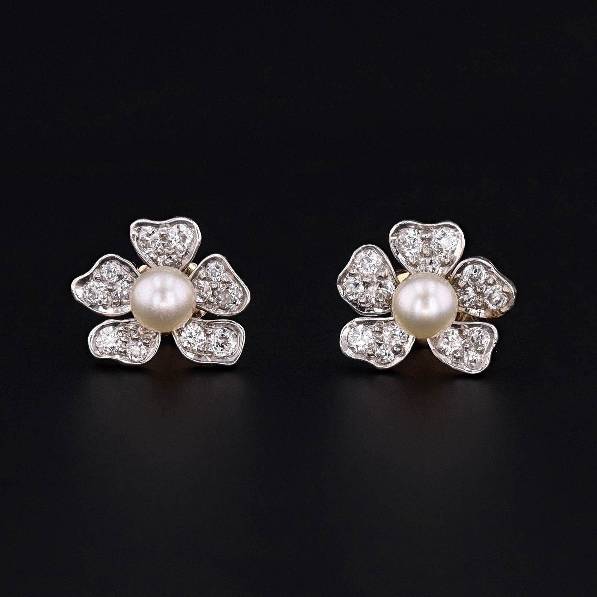Flower Earrings | 14k Gold, Platinum, Diamond & Pearl Earrings - Trademark Antiques