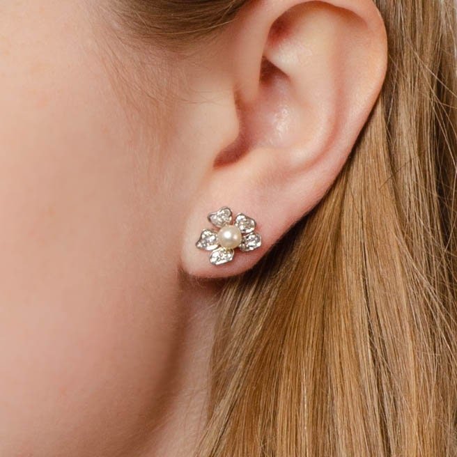 Flower Earrings | 14k Gold, Platinum, Diamond &amp; Pearl Earrings - Trademark Antiques