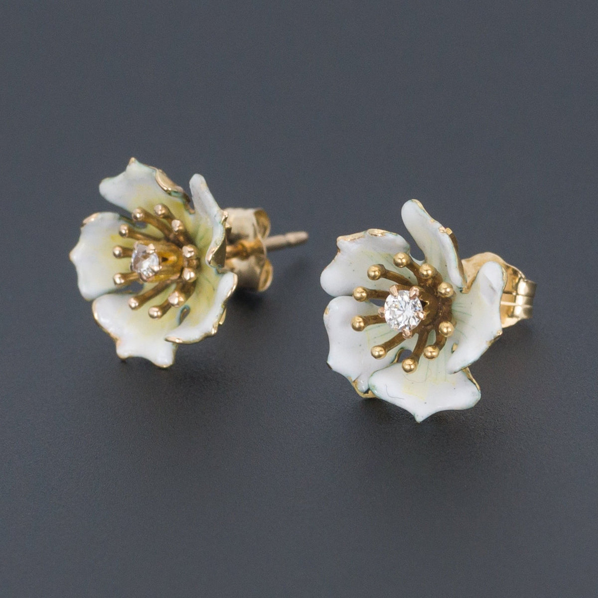 Flower Earrings | White Enamel Flower Earrings - Trademark Antiques