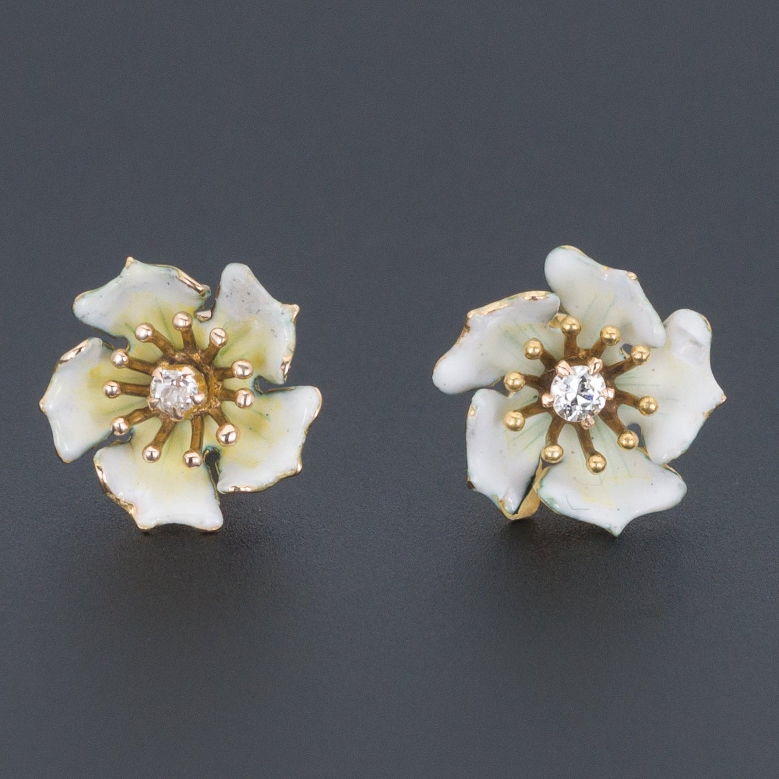 Flower Earrings | White Enamel Flower Earrings - Trademark Antiques