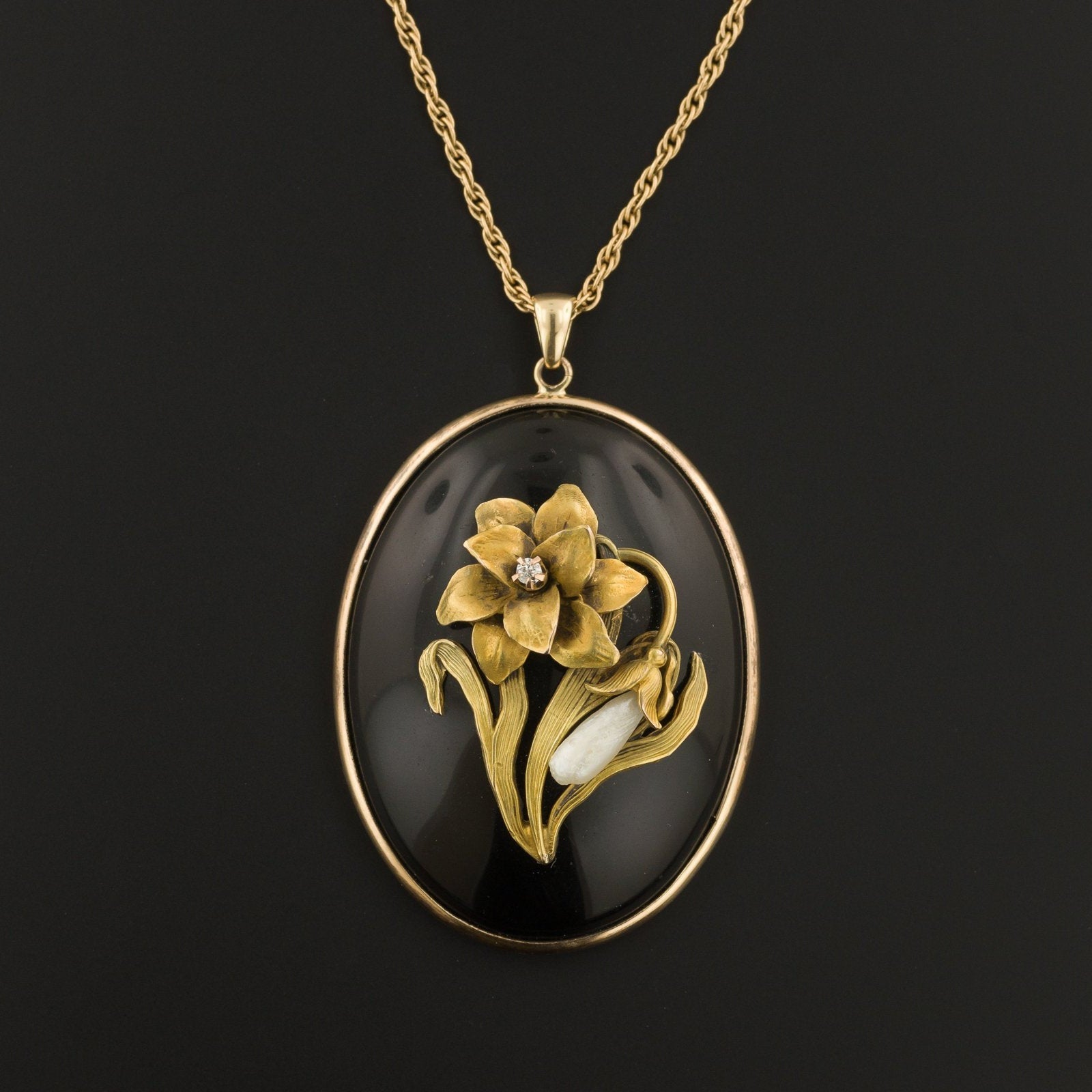 Flower Pendant | 14k Gold Onyx Diamond & Pearl Pendant - Trademark Antiques