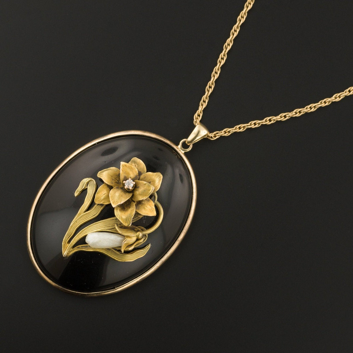 Flower Pendant | 14k Gold Onyx Diamond &amp; Pearl Pendant - Trademark Antiques