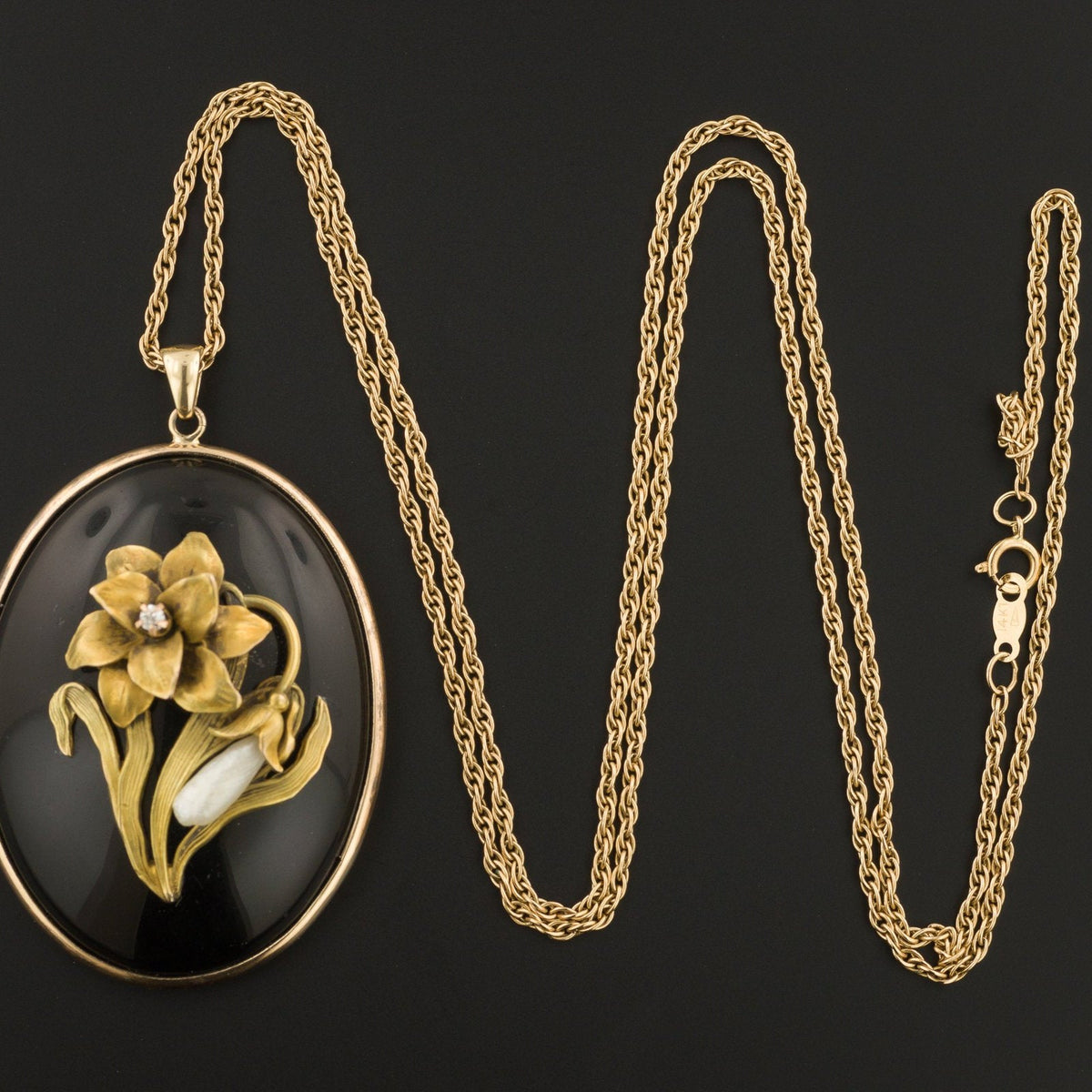 Flower Pendant | 14k Gold Onyx Diamond &amp; Pearl Pendant - Trademark Antiques