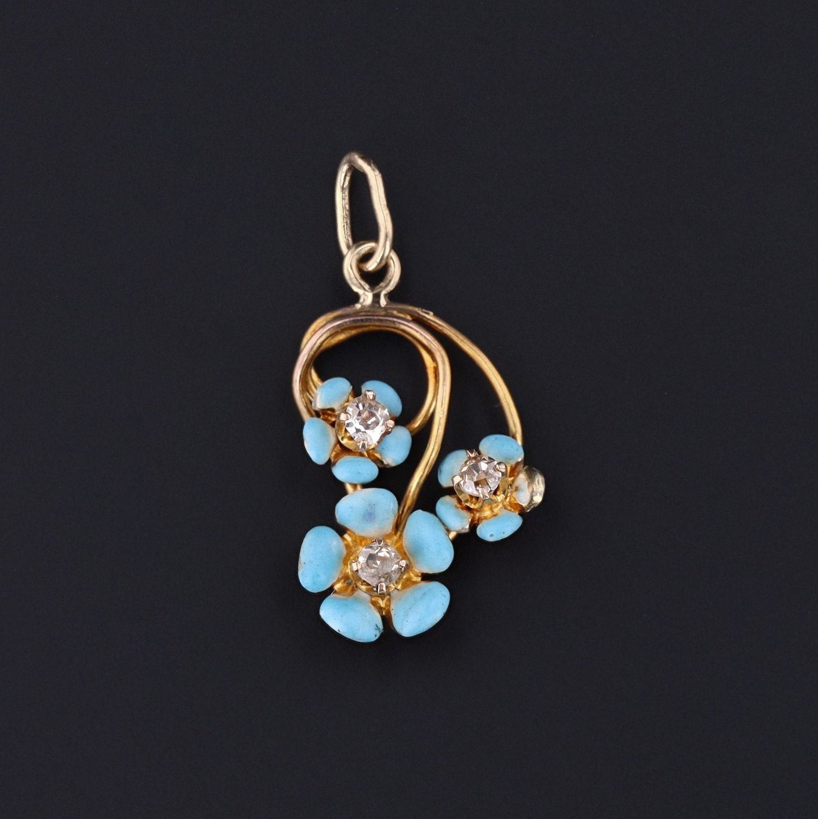 Forget - Me - Not Flower Charm | 14k Gold & Diamond Flower Pendant - Trademark Antiques