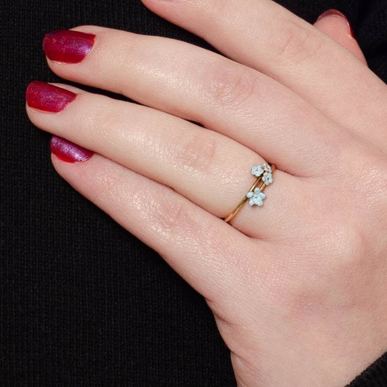Forget - Me - Not Flower Ring | 14k Gold &amp; Enamel - Trademark Antiques