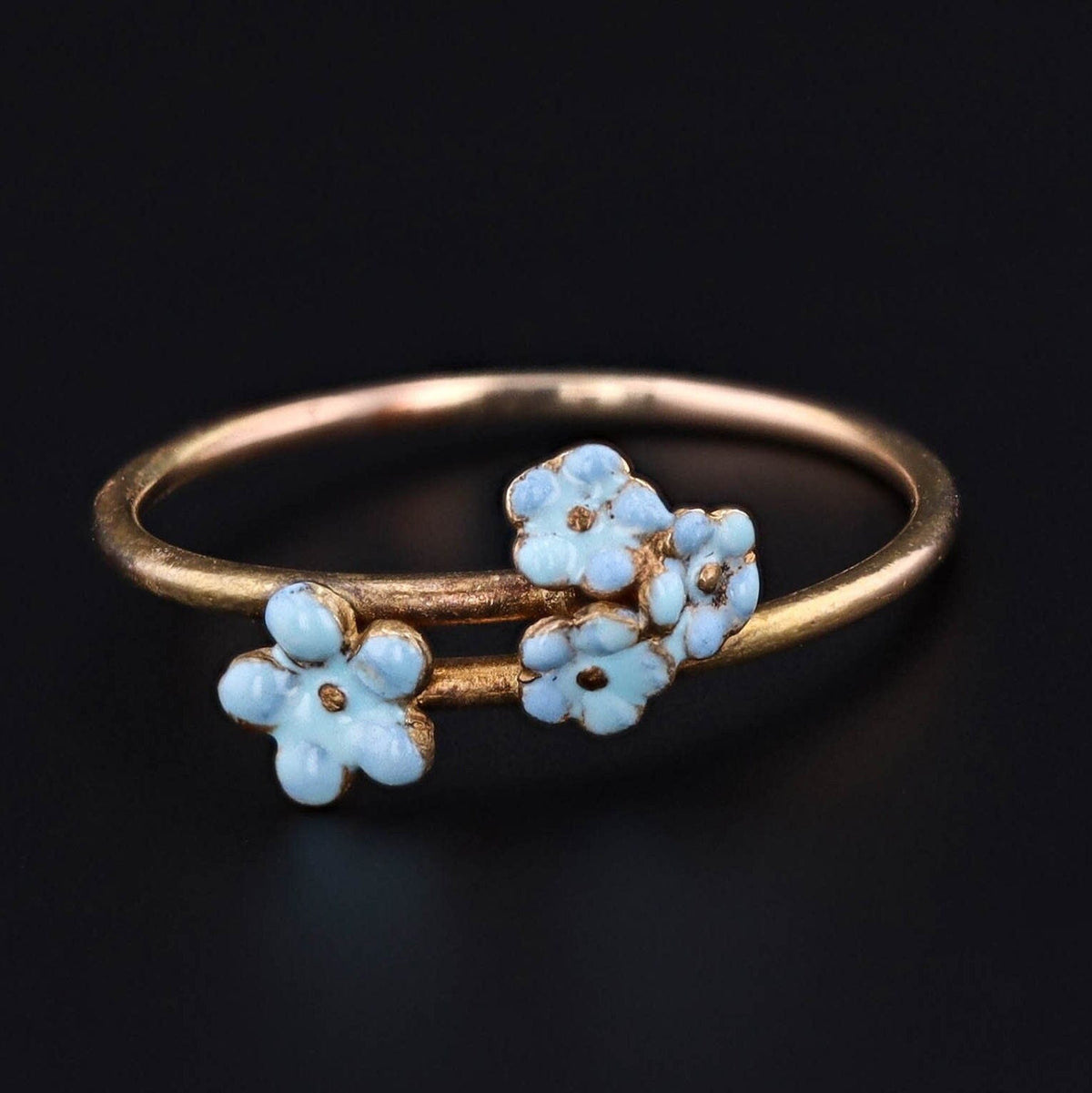 Forget - Me - Not Flower Ring | 14k Gold &amp; Enamel - Trademark Antiques