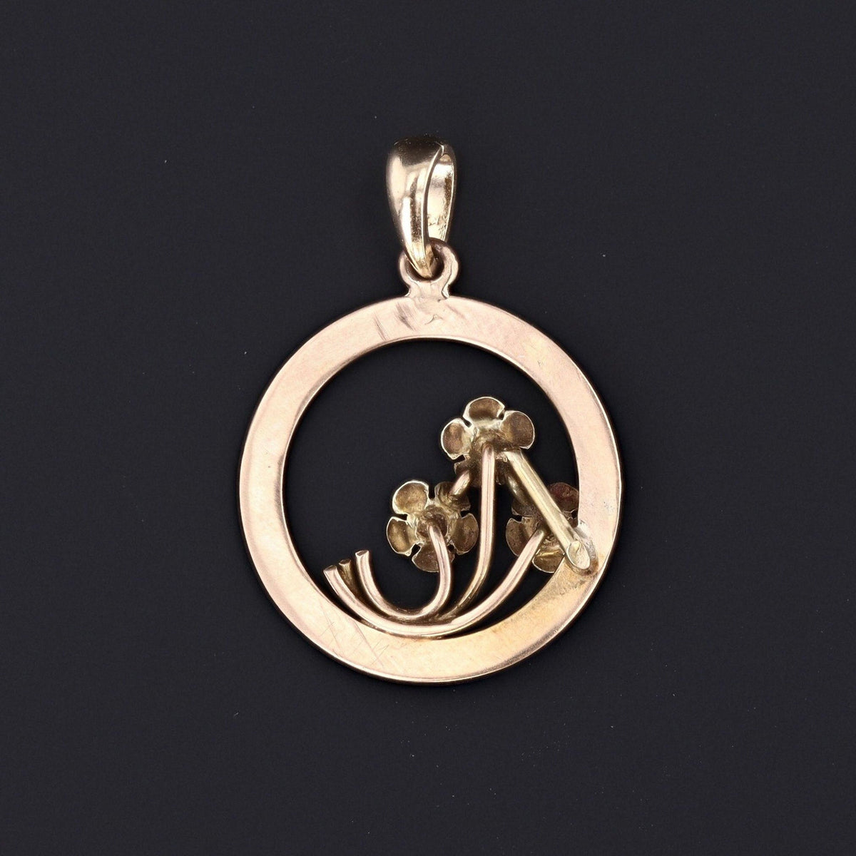 Forget - Me - Not Flowers in Circle Pendant | 10k Gold Circle Pendant - Trademark Antiques