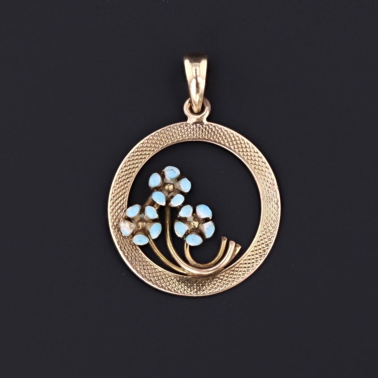 Forget - Me - Not Flowers in Circle Pendant | 10k Gold Circle Pendant - Trademark Antiques