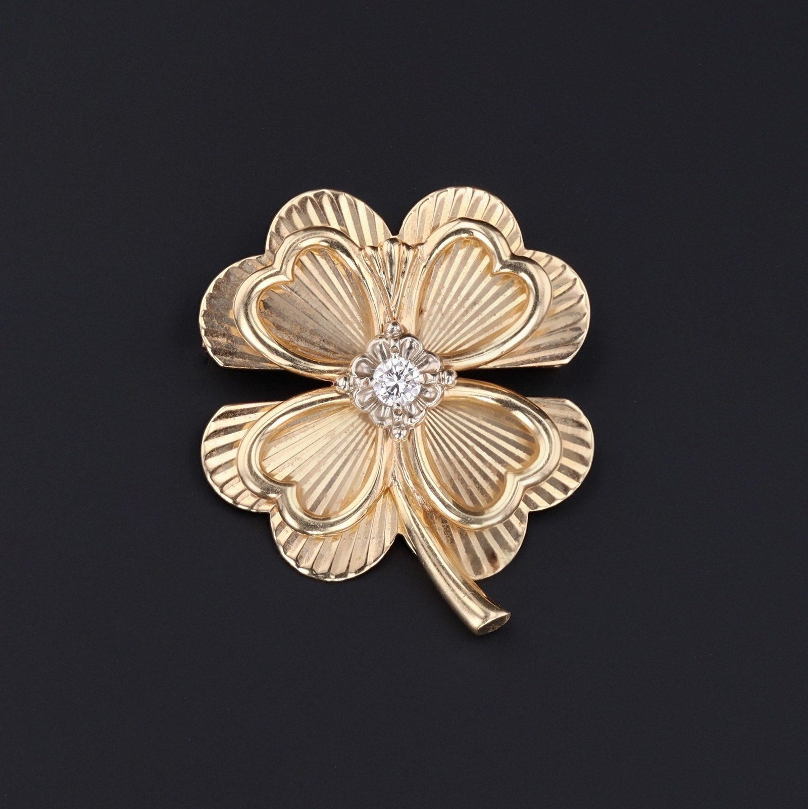 Four Leaf Clover Brooch | 14k Gold & Diamond Clover - Trademark Antiques