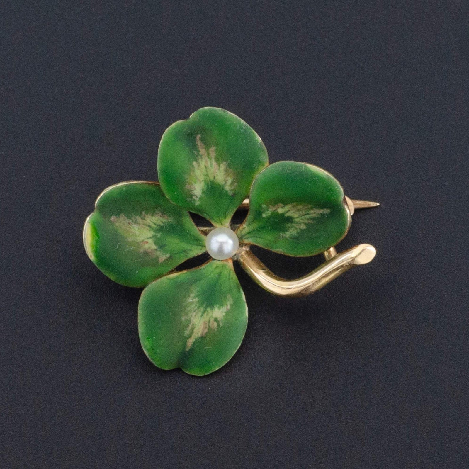 Four Leaf Clover Brooch | Antique Enamel Clover with Pearl Brooch - Trademark Antiques