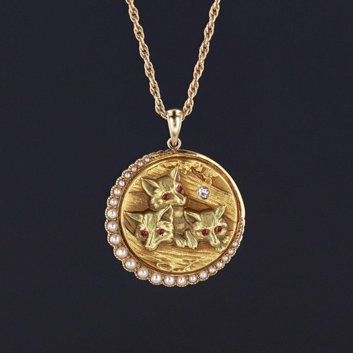 Fox Pendant | Fox Cub &amp; Crescent Moon Pendant with Diamond and Pearls - Trademark Antiques