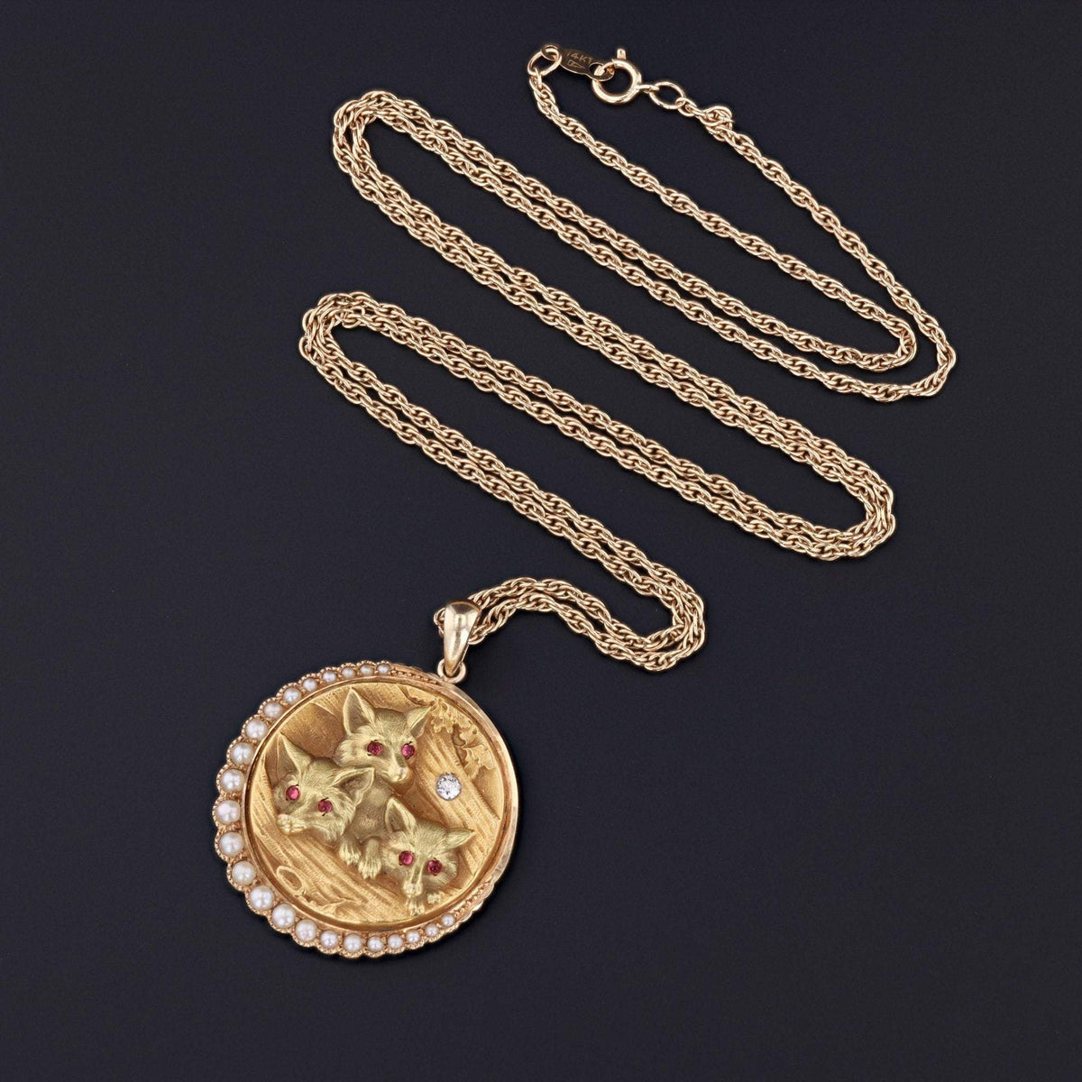 Fox Pendant | Fox Cub &amp; Crescent Moon Pendant with Diamond and Pearls - Trademark Antiques
