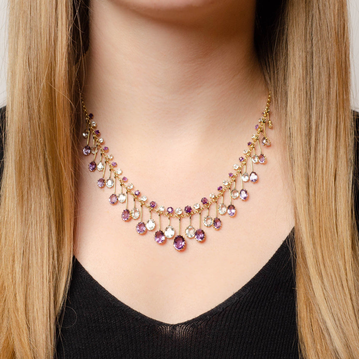 Fringe Necklace | 14k Gold, Amethyst &amp; Aqua Necklace - Trademark Antiques