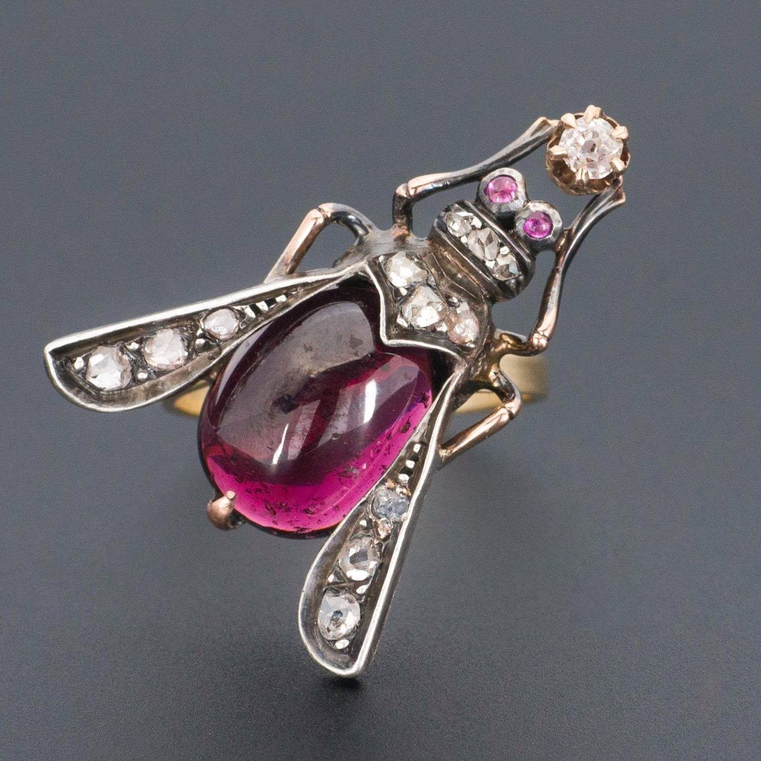 Garnet & Diamond Ring | Antique Bug or Insect Ring - Trademark Antiques