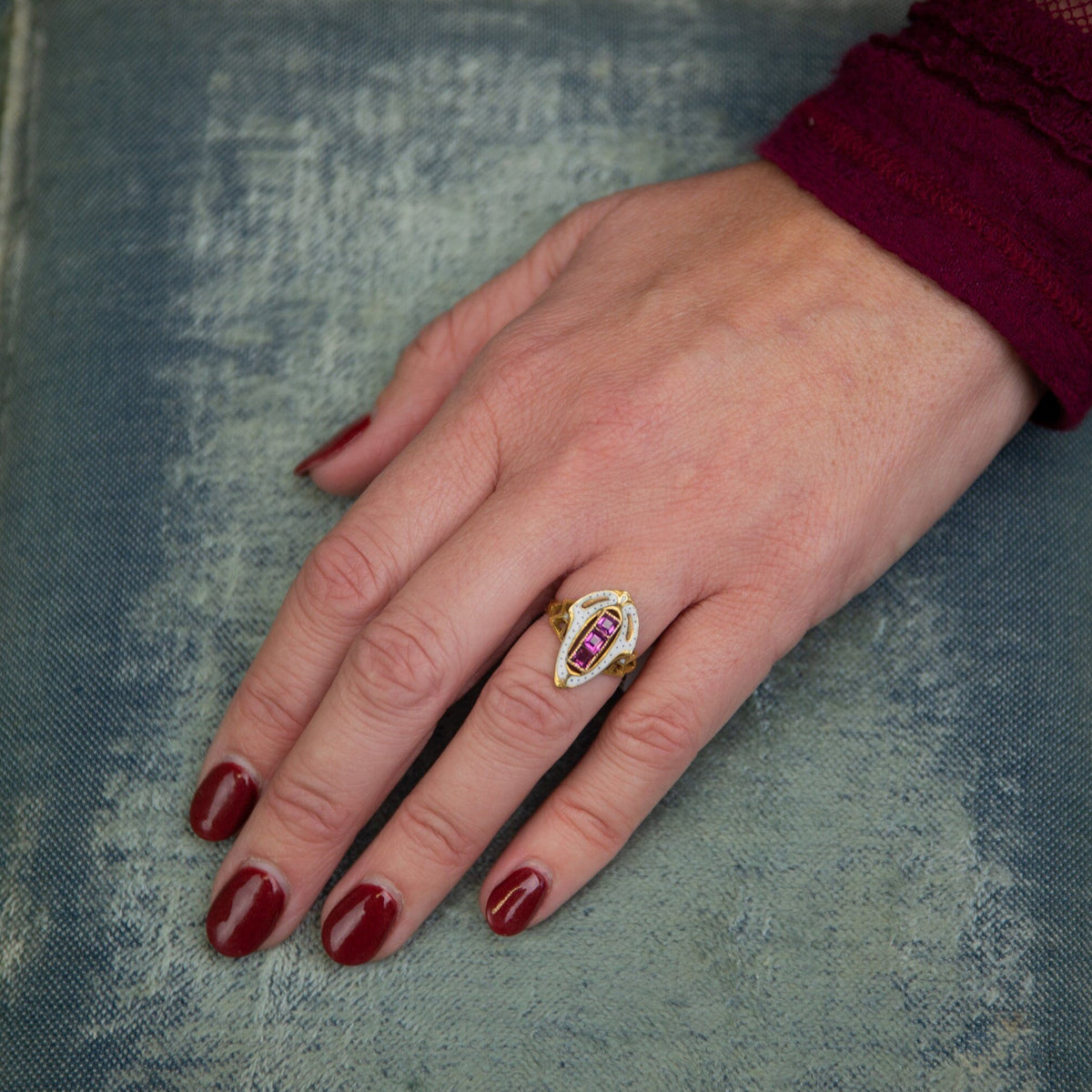 Garnet &amp; White Enamel Ring | Antique Ring - Trademark Antiques