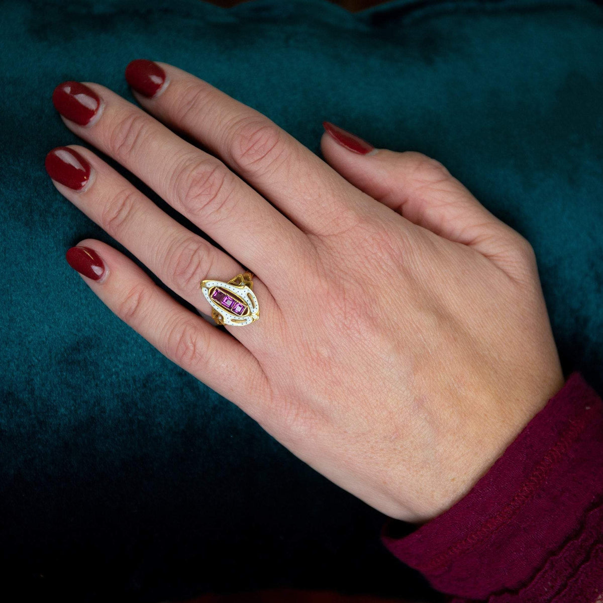 Garnet &amp; White Enamel Ring | Antique Ring - Trademark Antiques